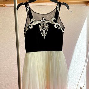 Formal black, pink, and white dress